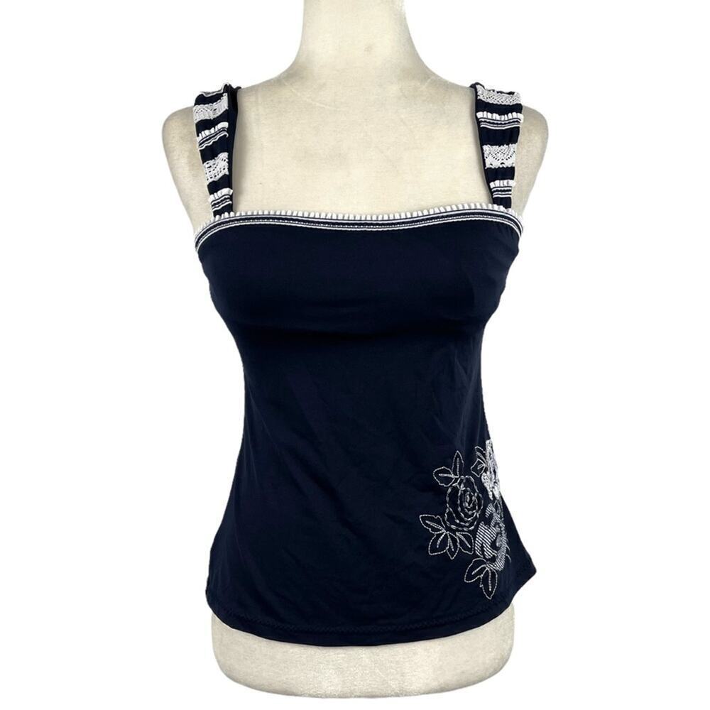 Becca Women's Size Small Floral Embroidered Crochet Strap Navy Tankini Swim Top